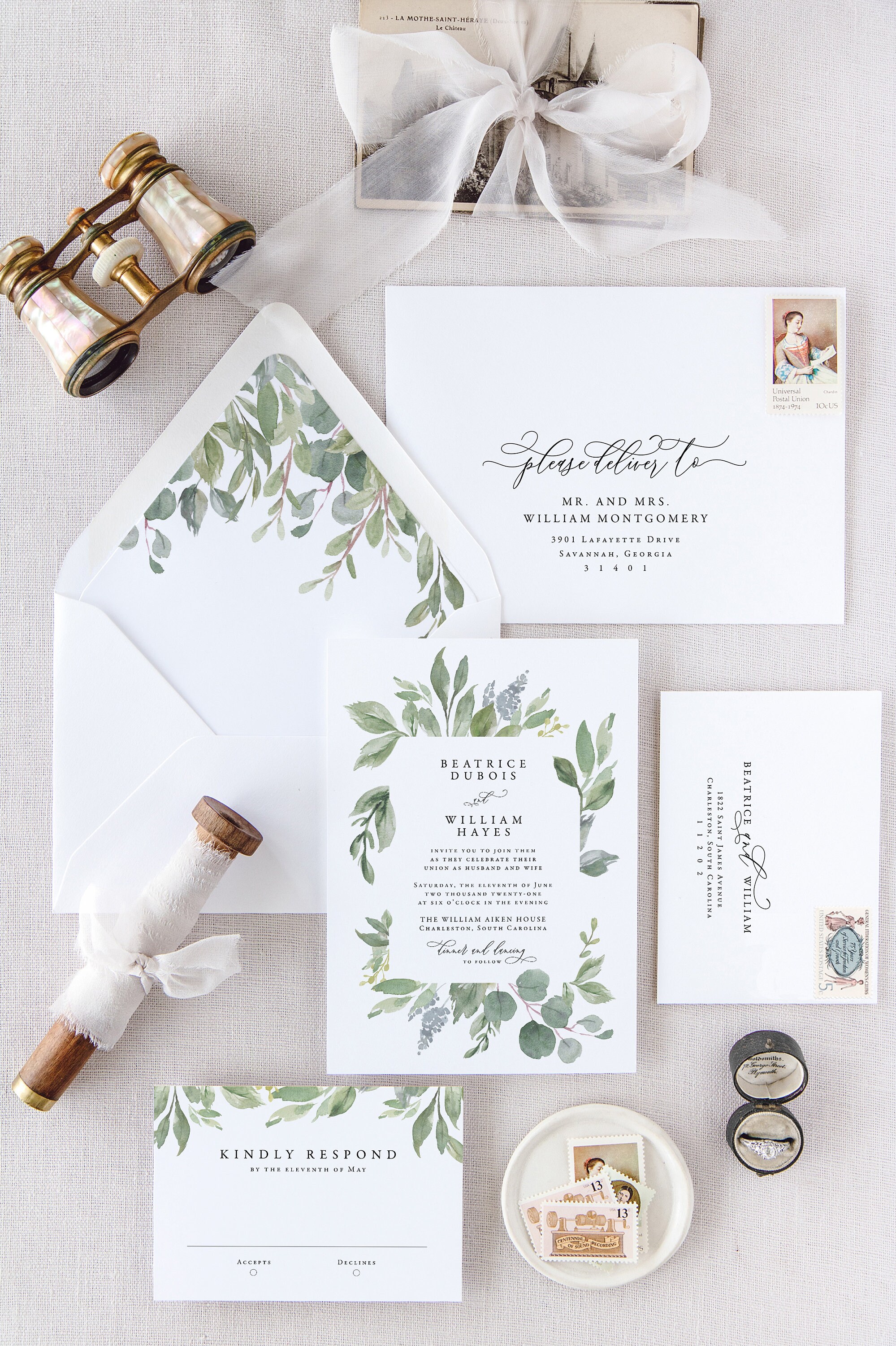 10 Invitations avec enveloppe Eucalyptus, menu mariage - Badaboum