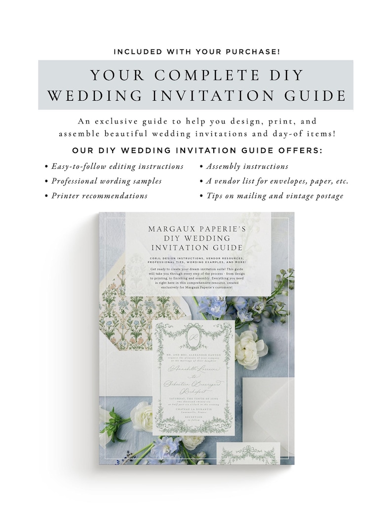 The image is a wedding invitation guide that includes a DIY wedding invitation guide, a vendor list for envelopes, paper, etc., and printer recommendations.