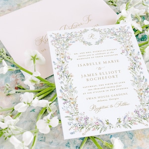 May include: A floral wedding invitation with a gold border and text. The invitation announces the marriage of Isabelle Marie to James Elliott Rochefort on Saturday, June 6, 2024 at 6:00 PM at Swan House Gardens in Atlanta, Georgia. The invitation includes the text "Reception to Follow".