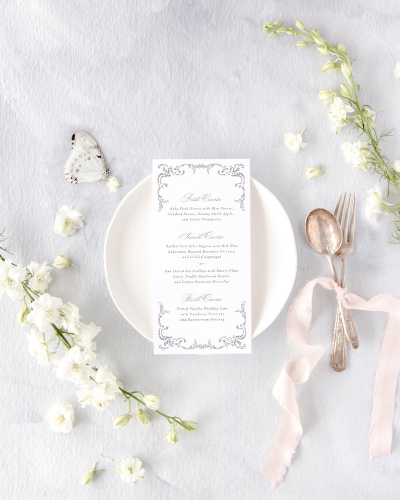 JULIETTE Elegant Wedding Menu Printed, Classic Wedding Decor, Purple Wedding Menu Card, Wedding Table Decor, Formal Dinner Menu Bild 1