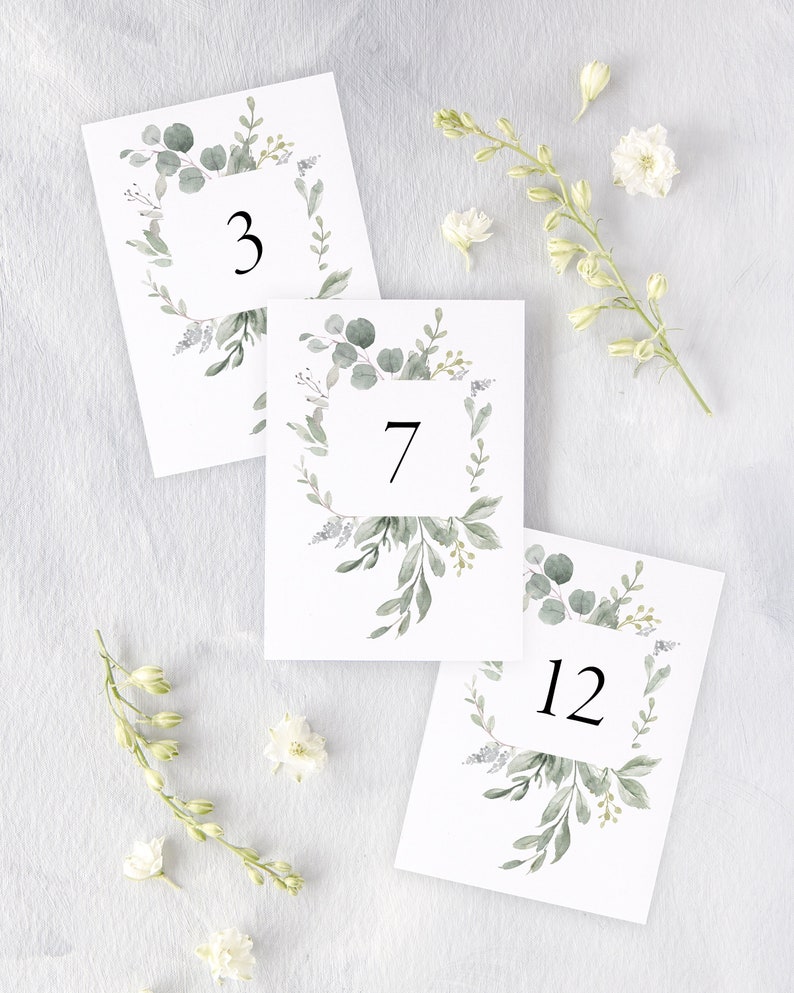 BEATRICE Modern Greenery Table Number, Rustic Wedding Table Numbers, Eucalyptus Wedding Signs, Printed Table Numbers Wedding image 3