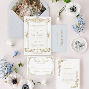 CHARLOTTE Floral Frame Wedding Invitation, Elegant Wedding Invitations, Gold Wedding Invites, Printed Destination Wedding Invitations image 3