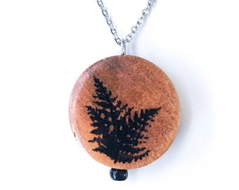 Fern hand-painted wood art pendant necklace