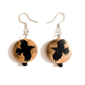Black crow hand-painted wood & sterling silver earrings