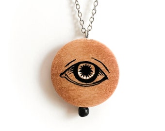 Eye hand-painted wood art pendant necklace