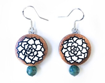 Echeveria succulent plant hand-painted wooden earrings