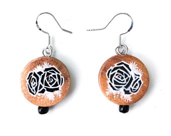 Black rose floral hand-painted wood & sterling silver earrings