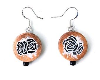 Black rose floral hand-painted wood & sterling silver earrings
