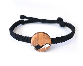 Mountain landscape square knot bracelet with hand-painted wooden bead