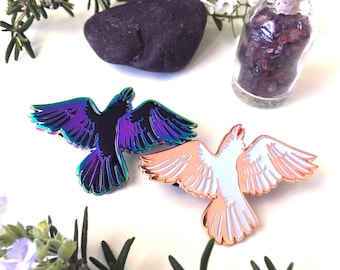 Raven soft enamel pins with rainbow and rose gold plating