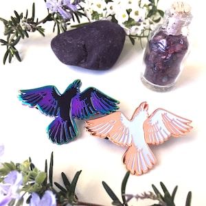 Raven soft enamel pins with rainbow and rose gold plating