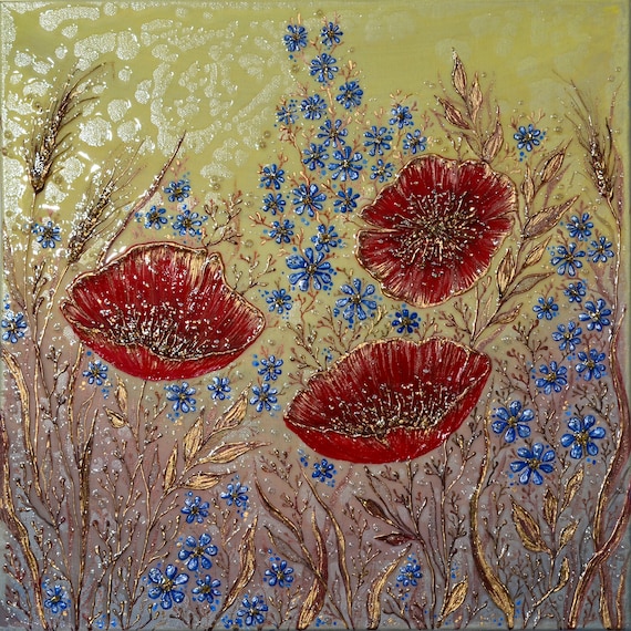 The Morning Dew Field Original Textured Floral Art. Sparkling Luxury Wall Decor. Unique Home Decor Gift. Rare Finding Mixed Media Painting