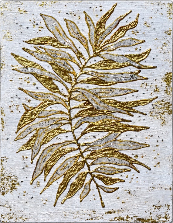 Golden Leaf Original Wall Art. Sparkling Gold and Epoxy Rising Mixed Media Painting.