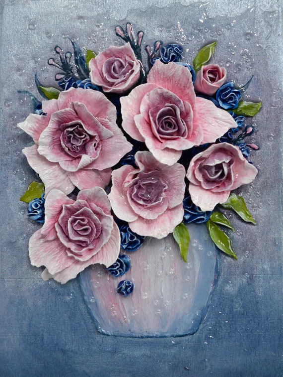Blossoms in Blue. Original Textured Floral Art. Mixed Media Sculptured Roses Composition. Glossy Home Decor. Rare Finding Original Gift