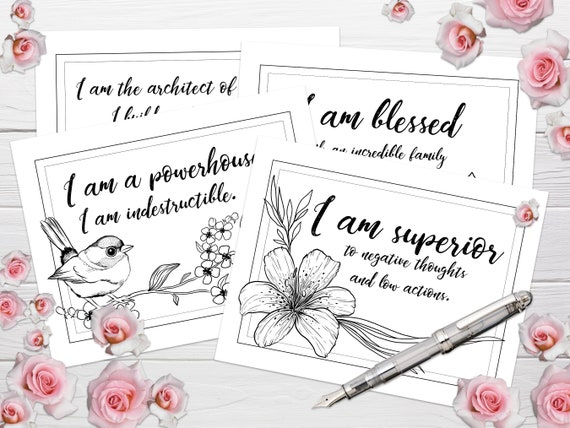 Affirmation Cards. Adult Coloring Pages Printable. Coloring shirt with Positive I am Affirmation cards. inspirational writing. SVG and JPG