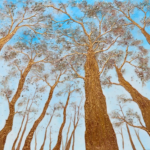 Reflective Woodlands. Original 3D Mixed Media art. Sparkle crushed glass and mirror painting. Large Canvas Golden leaf Art.