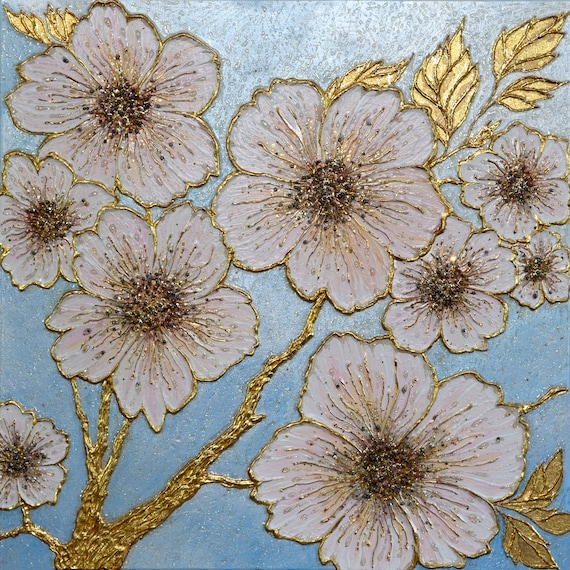 Radiant Blooms Original Mixed Media Art. Golden Shiny Blossom textured Canvas Painting. Elegant Floral Wall Decor. Rare Findings Unique Gift