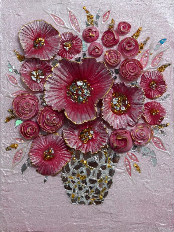 Blossoming Elegance. Pink Flower Sculpture Painting with Crushed Mirrors. 3D Pink Flower Vase Art. Rare Finding Home Decor Gift