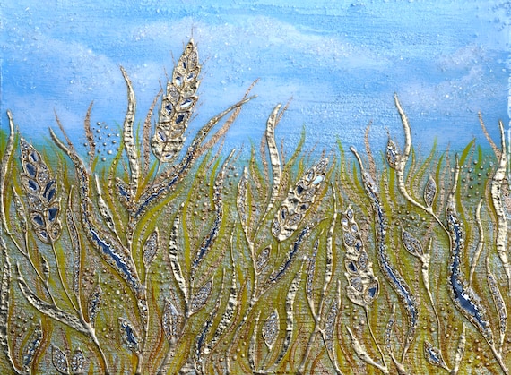 Fertility Original Textured Mixed Media Art. 3D Golden Wheat Field Wall Hanging. Mirror&Crystals Home decor