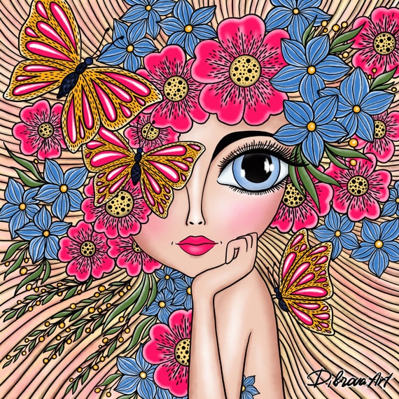Blossoming Mind. High Quality Wall Art Print. An Original Digital Art. Vibrant Colors Girl In Flowers Painting. Positive Mindset Home Decor.