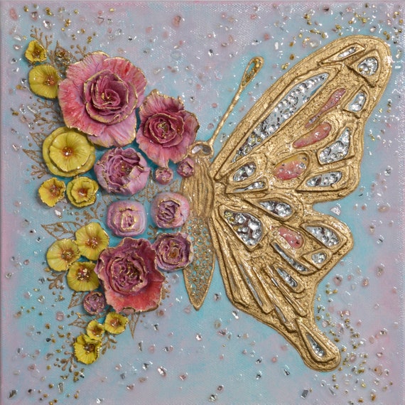 Whimsical Wings. Original Shiny Textured Butterfly in Flowers Mixed Media Art. Trendy wall decor. 3D Painting