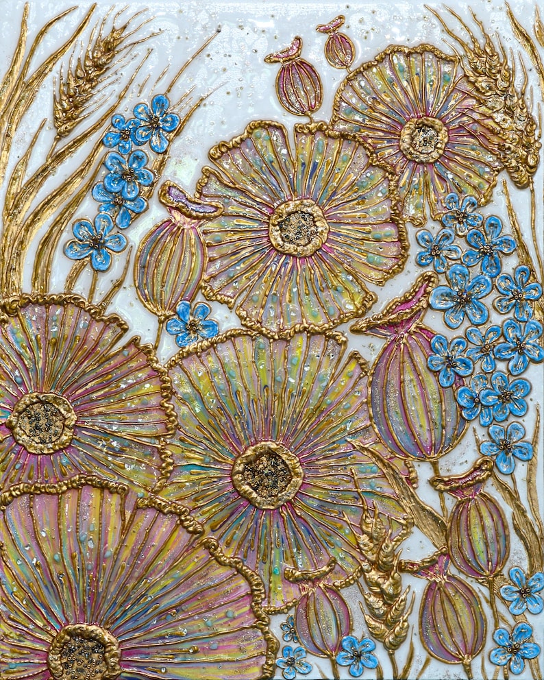 May include: A close-up of a painting depicting a cluster of stylized flowers with gold and pink petals. The flowers are surrounded by wheat stalks and small blue flowers.