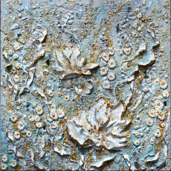 Floating Gardens. Original Textured Wall Art. Sparkle 3D Mixed Media Painting. Crushed Glass, Crystals and Mirrors Painting.
