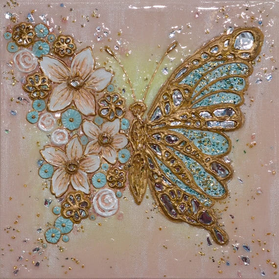 Blossoming Flight Original Contemporary Art Piece. Unique Gift for Art Lovers. Mixed Media Butterfly Floral Glossy Wall Decor