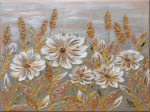 Wildflower Symphony. Textured Original Mixed Media Wall Art. Sparkle Crushed Glass and Epoxy Resin Painting.