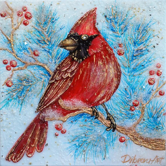Crimson Winter Song. Original Textured Glistering wall Art. Winter Christmas Home Decor Gift. One of a Kind Rare Finding Hand Made Painting