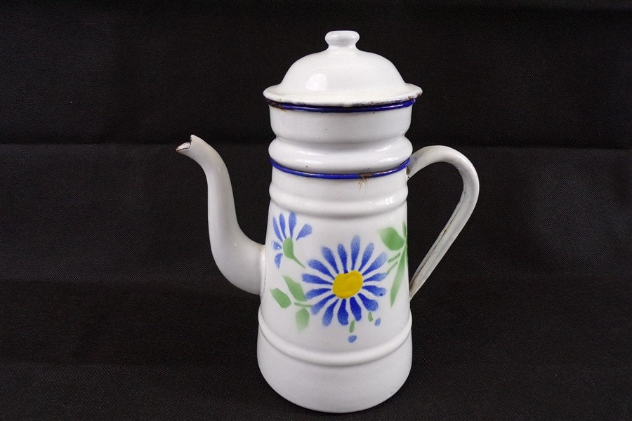 Cafetiere Emaillée Art Deco Decor Fleurs Vintage/Collection Cafetiere Cuisine Shabby France Vintagef