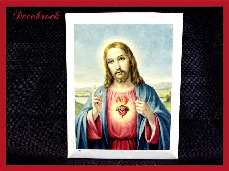 Décoration Religieuse Sacré Coeur Jésus Christ Glaçoïde Vintage France Religion Catholique Objet de