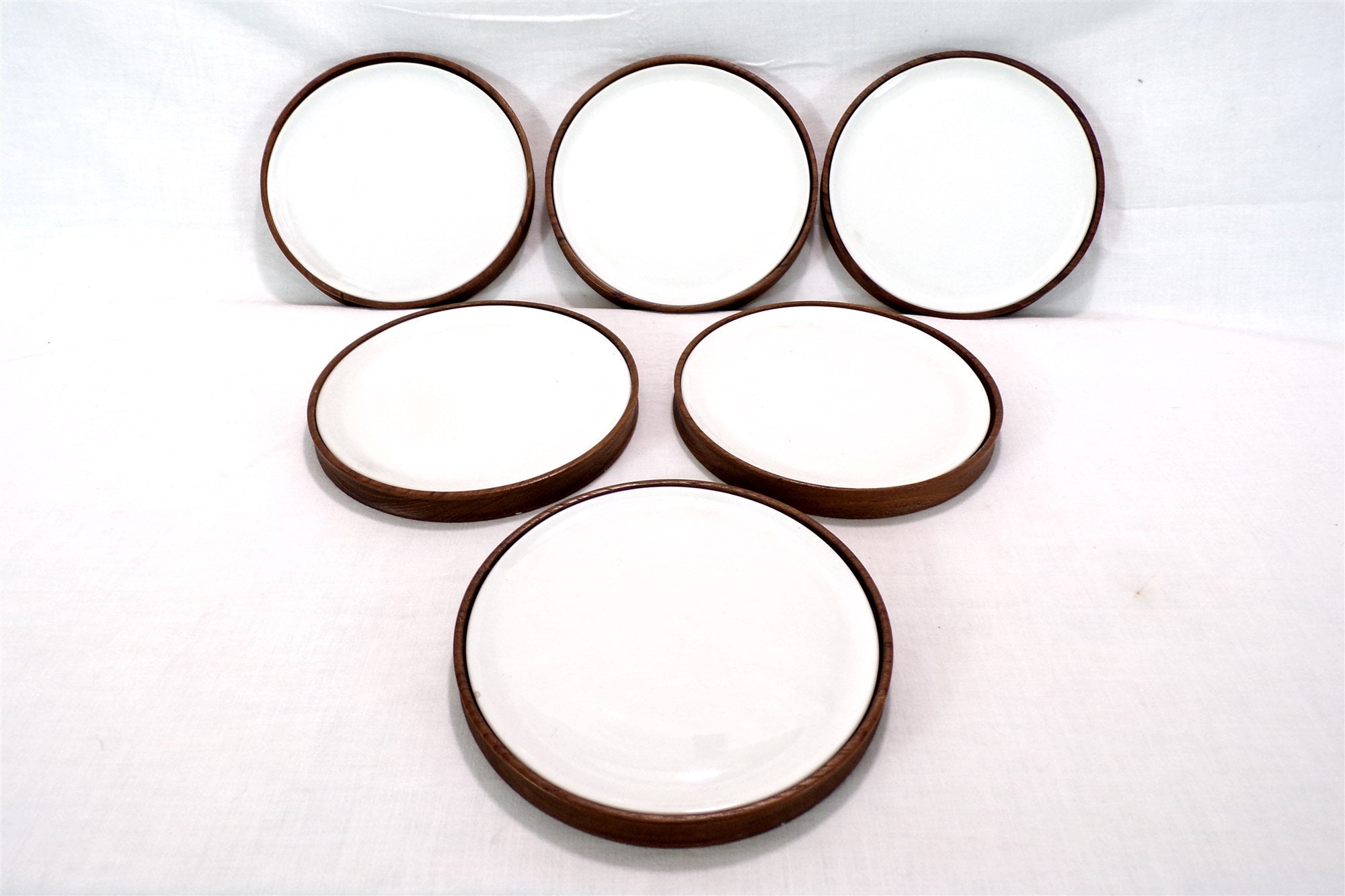 6 Assiettes à Dessert ou Fromage Porcelaine Limoges et Teck Design Jean Louis Adrian Style Scandinav