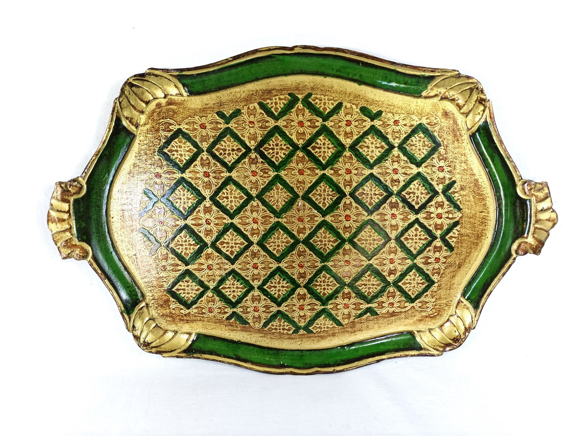 Grand Plateau Florentin Vert et Or, Bois Doré, Belle Patine Made in Italy Déco Baroque
