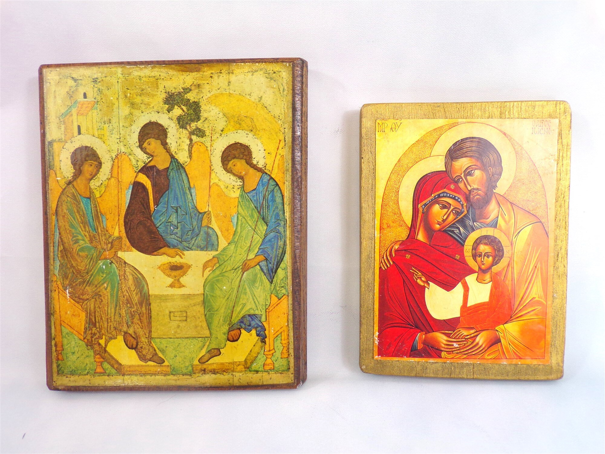 Lot de 2 Icones sur Bois, La Sainte Famille et La Trinité Objet Dévotion Religion