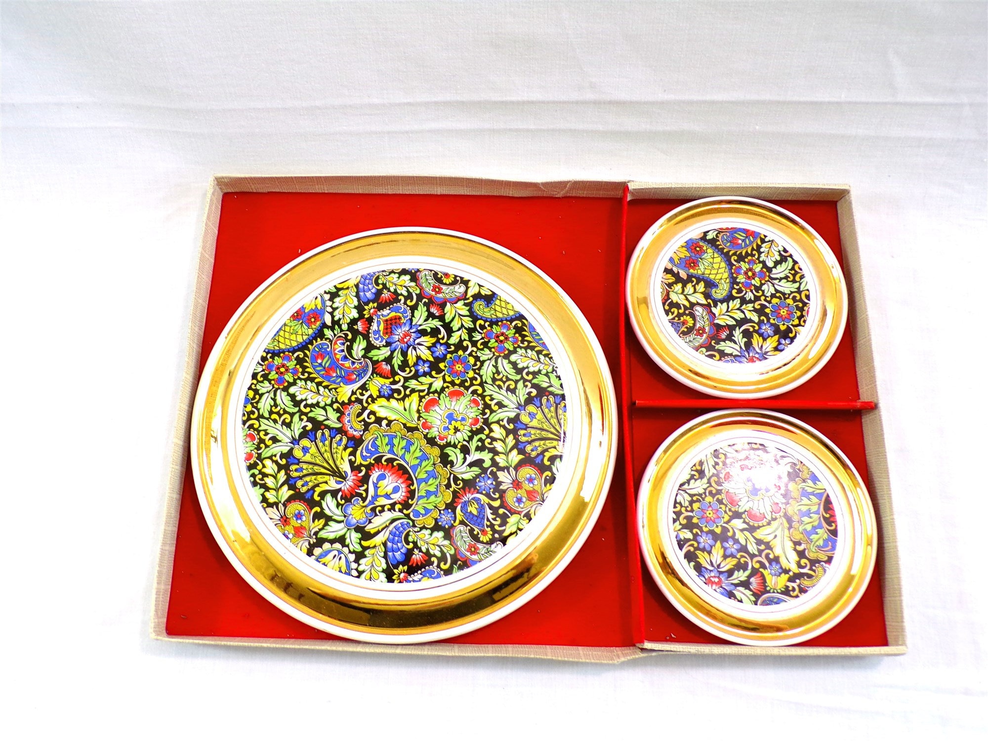 Coffret Dessous de Plat et Bouteilles Années 50 Coffret d'origine Décor Cachemire