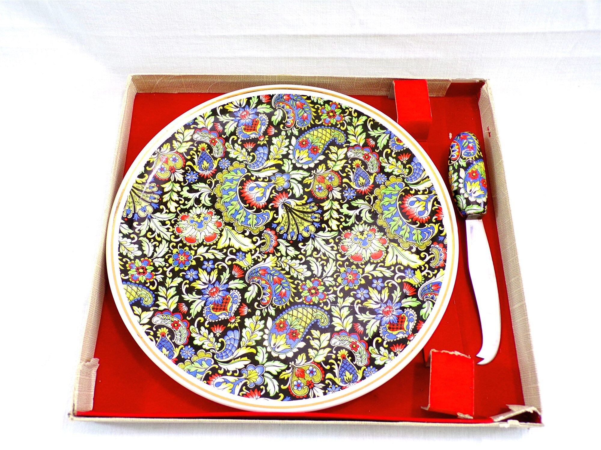 Coffret Plateau à Fromage et Son Couteau Années 50 Coffret d'origine Décor Cachemire