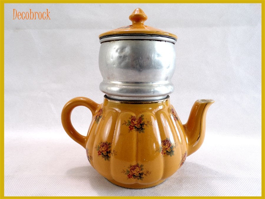 Cafetière Ancienne Jaune à Petites Fleurs Céramique Saint Uze Cuisine Vintage, Vaisselle Vintage Fra