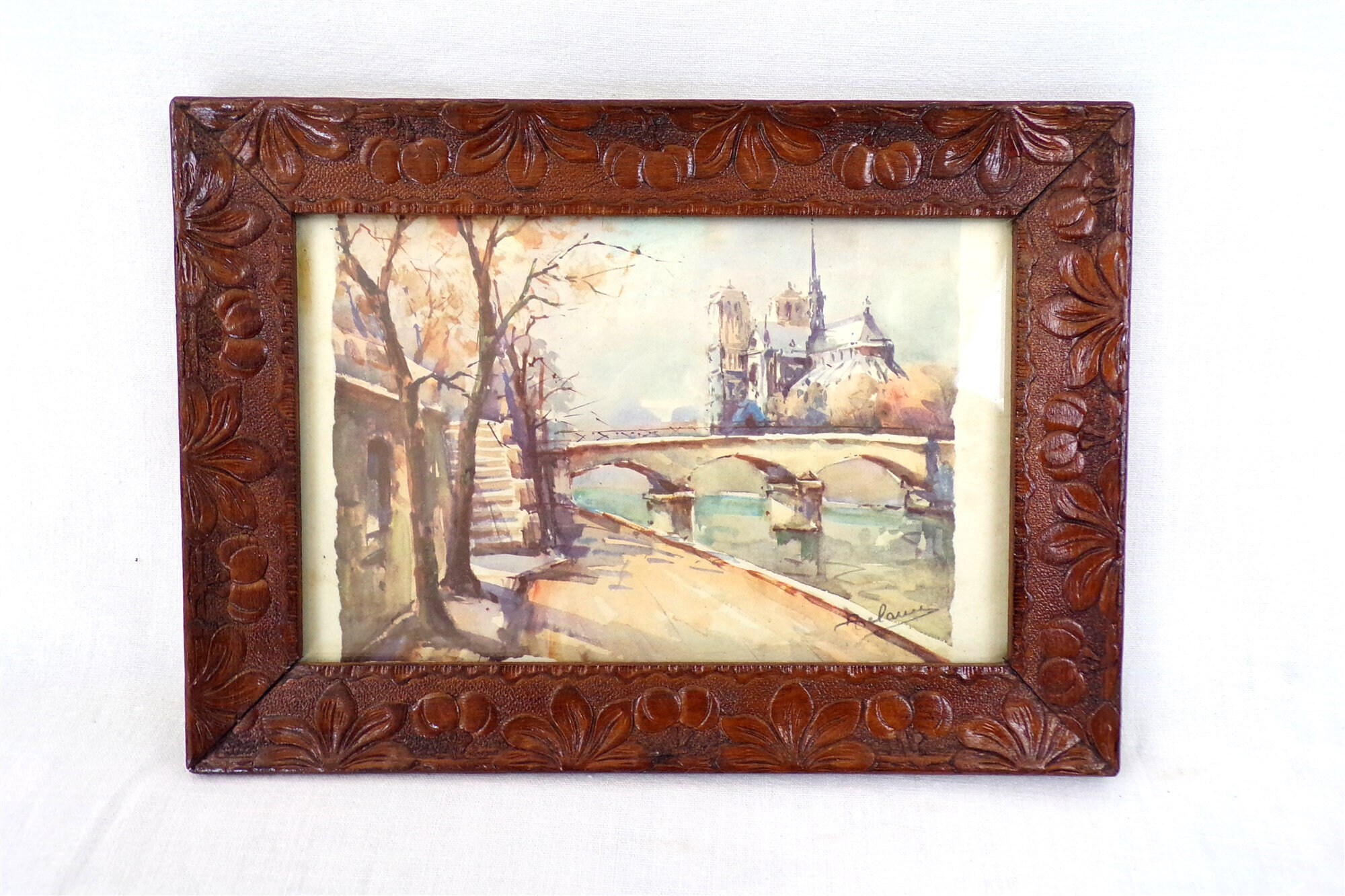 Tableau Notre Dame de Paris, Cadre en Bois Ancien Sculpté