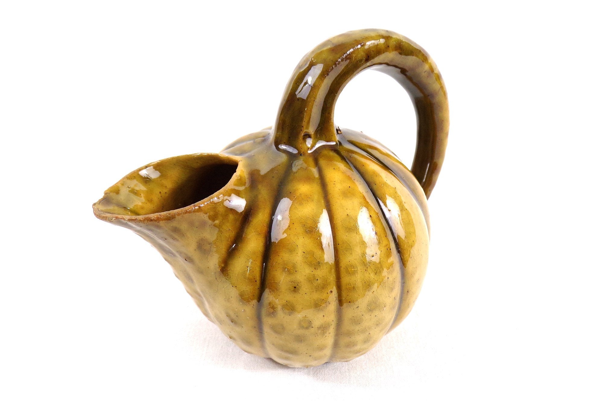 Rare Pichet Melon en Poterie Vernissée Lacourbas Issoire Auvergne, Collection Art Populaire