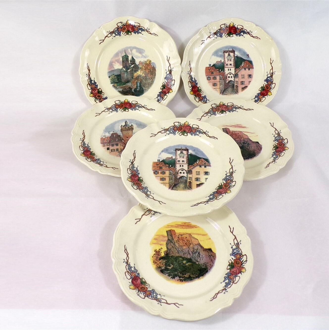 Lot de 6 Assiettes à Dessert ou Pain Vintage Obernai Signées Henri Loux en Faience Sarreguemines Fra