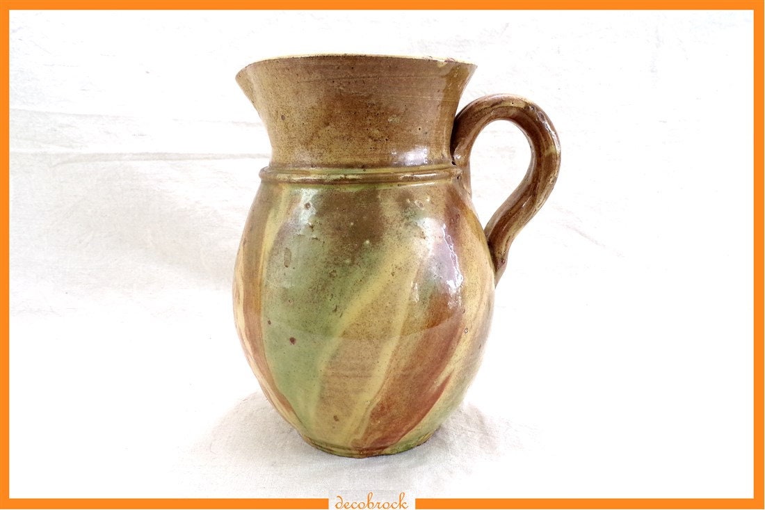 Grand Pichet Ancien en Poterie Vernissée Fait Main Vintage Art Populaire France Vintagefr Déco Retro