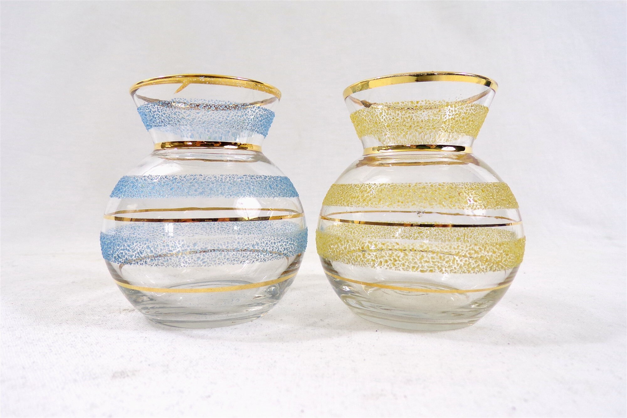 Paire de Vases Vintage en Verre Granité Jaune et Bleu, Idée Cadeau Noël