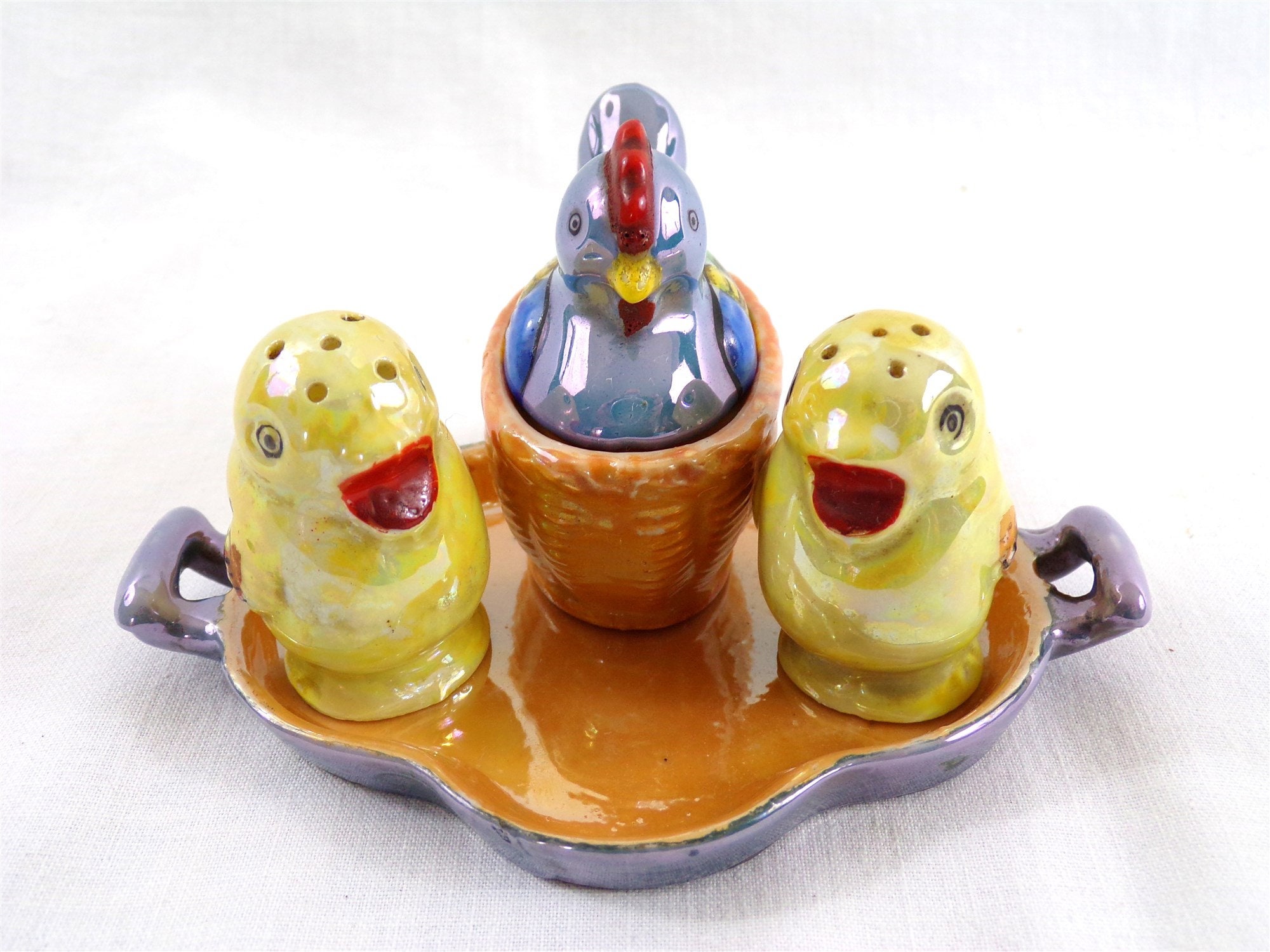 Service Ancien Sel Poivre Moutarde en Porcelaine, Japon, La Poule et Ses Poussins