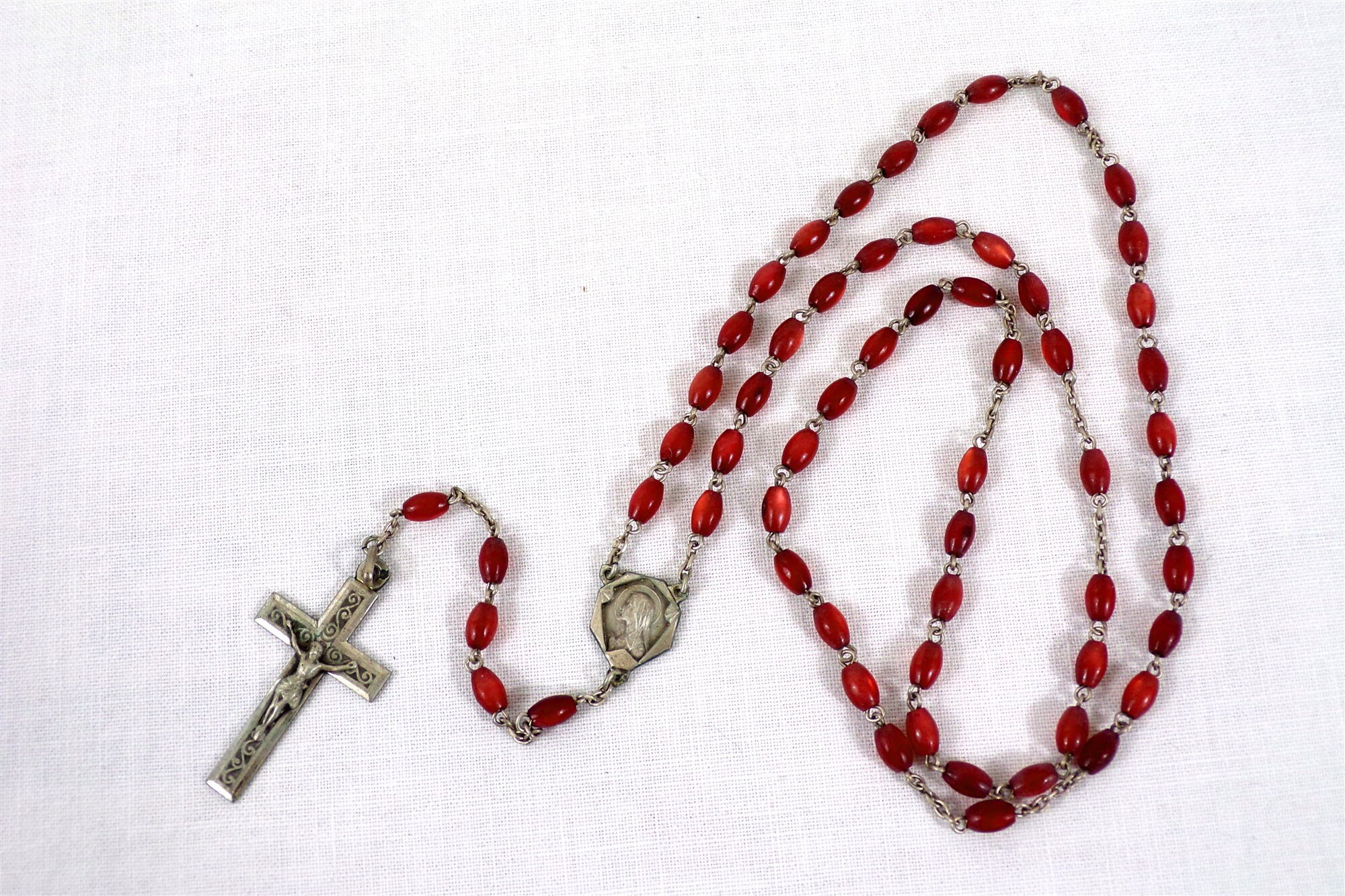 Chapelet Vintage en Argent Massif et Perles de Verre, Objet Dévotion Catholique, Jésus Christ, Vierg