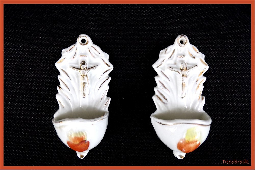 Paire de Bénitiers Chevet en Porcelaine Paris France Objet Dévotion Religion Catholique Vintage Jésu