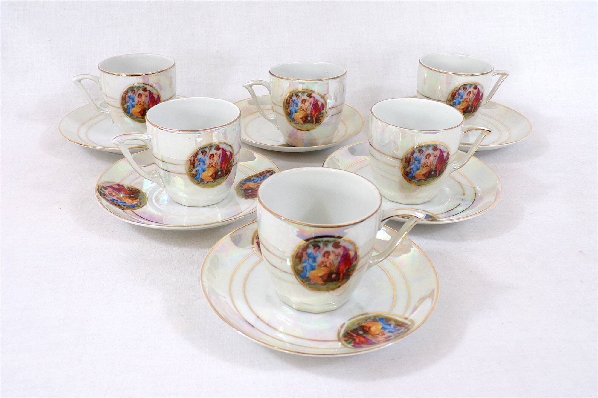 6 Tasses et Soucoupes Vintage, Porcelaine Nacrée Irisée, Vintage France, Style Fragonard
