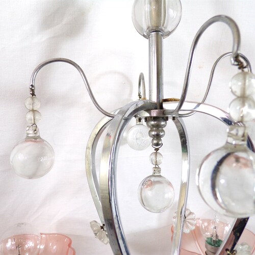 Antique chandelier with metal grapevines and pink cups shops deco vintage shabby chic vintage France