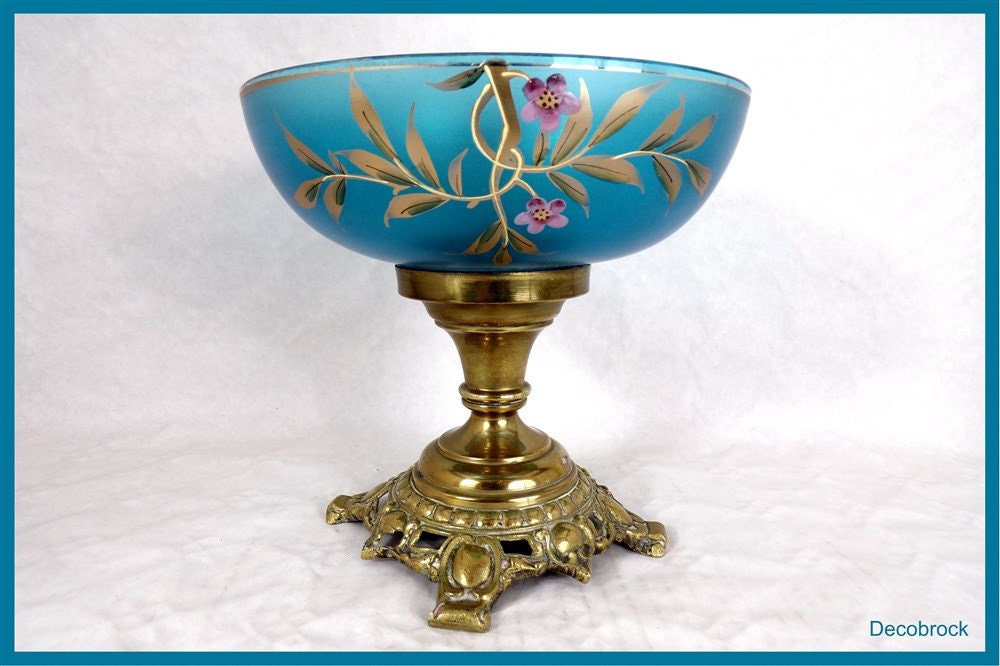 Superbe Coupe Ancienne Napoléon Iii Centre de Table Cristal Baccarat Émaillé Bleu et Bronze Vintage 