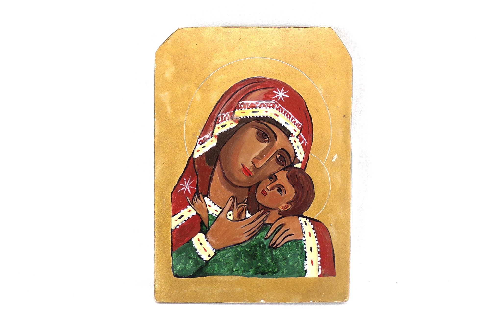 Peinture sur Bois Religieuse Vierge à L'enfant - Fait Main Signé Serge Sangan -